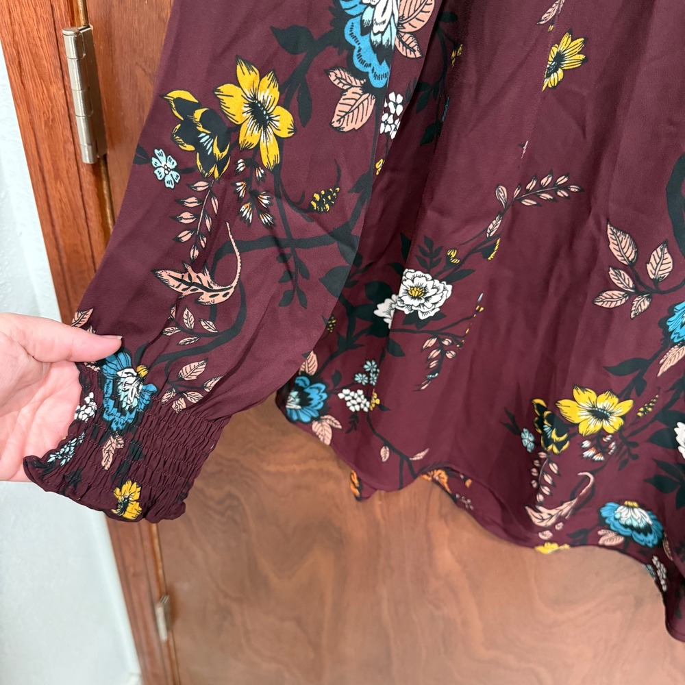 Maurices Floral Blouse Size 2 - 2XL Long Sleeve Criss Cross Neckline Burgundy - Picture 2 of 9